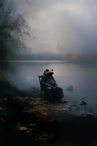 Midjourney generated image using SREF code Midnight Memoirs: A frog sitting on a chair by a lake in the fog.