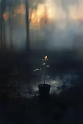 Midjourney generated image using SREF code Midnight Memoirs: A small plant in a pot in the middle of a foggy forest.