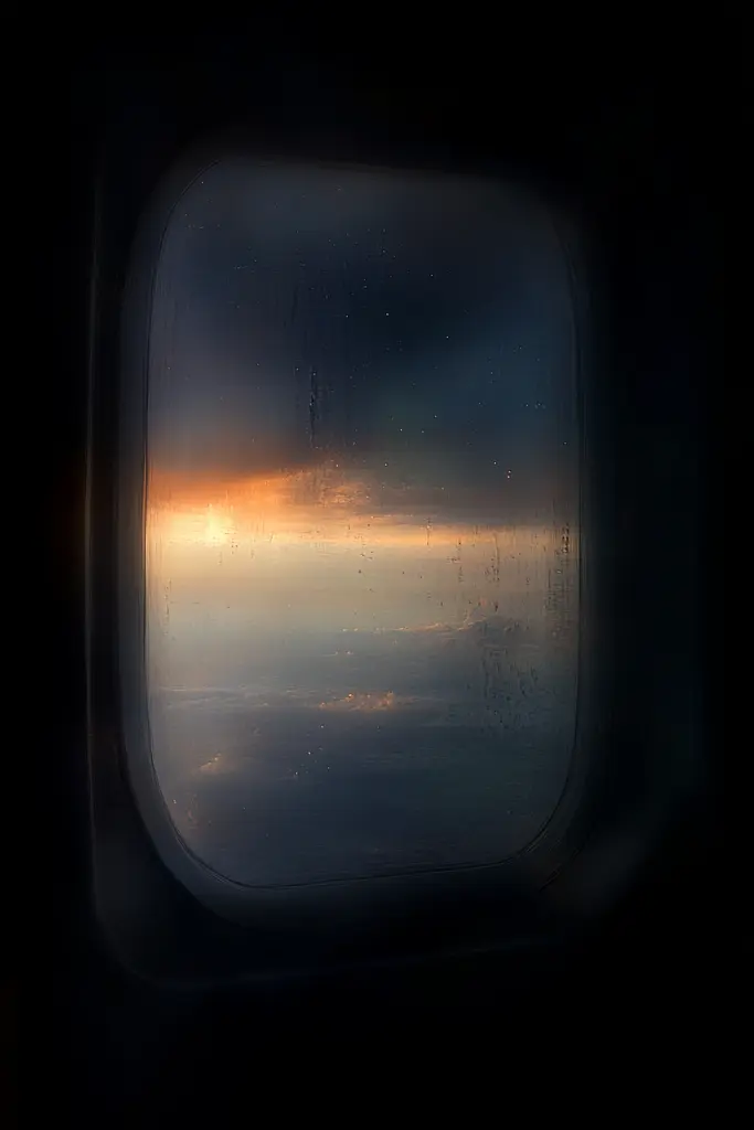 Midjourney generated image using SREF code Midnight Memoirs: A view of the sun setting through an airplane window.