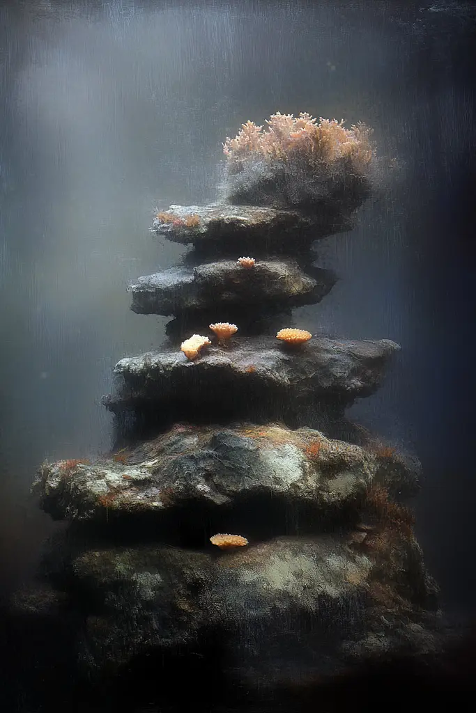 Midjourney generated image using SREF code Midnight Memoirs: A group of corals sitting on top of a pile of rocks.