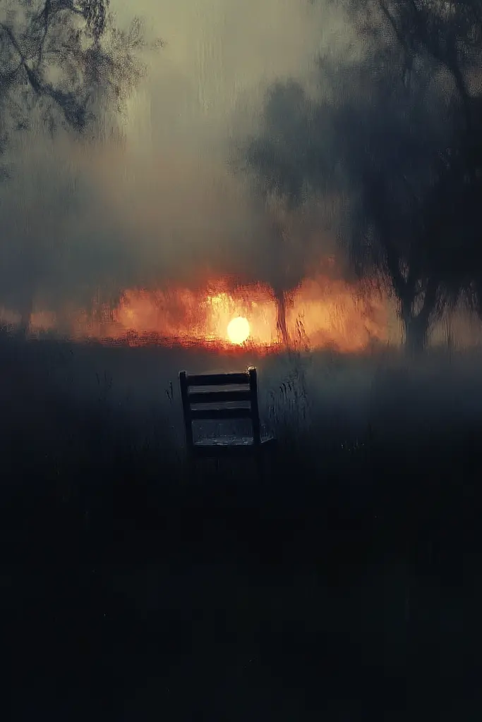 Midjourney generated image using SREF code Midnight Memoirs: A chair sitting in the middle of a field with a fire in the background.