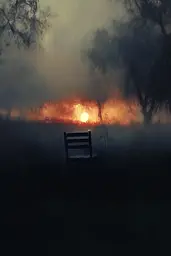 Midjourney generated image using SREF code Midnight Memoirs: A chair sitting in the middle of a field with a fire in the background.