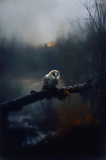 Midjourney generated image using SREF code Midnight Memoirs: A barn owl sitting on a tree branch in the woods.