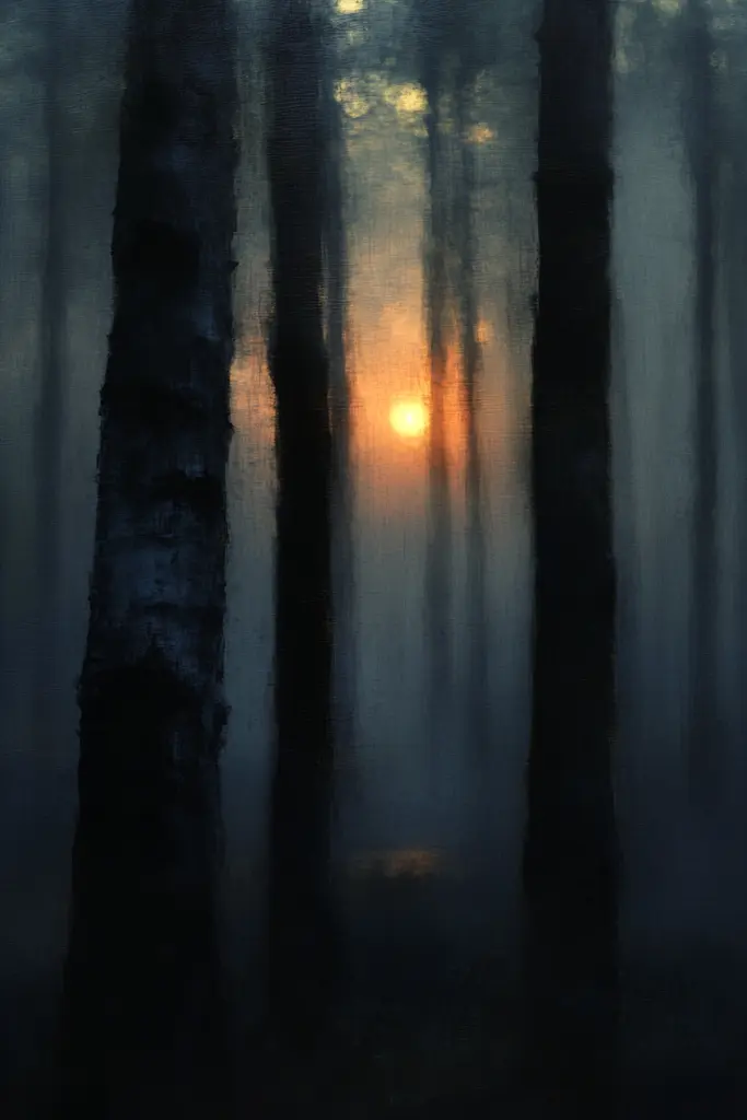 Midjourney generated image using SREF code Midnight Memoirs: A painting of a foggy forest with the sun setting behind the trees.