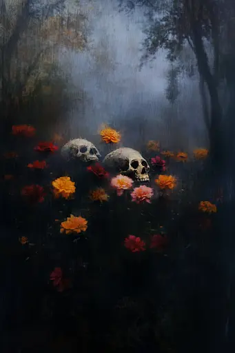 Midjourney generated image using SREF code Midnight Memoirs: A painting of skulls and flowers in a dark forest.