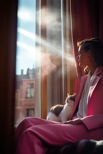 Midjourney generated image using SREF code Velvet Aura: A woman in a pink suit sitting by a window with a cat.