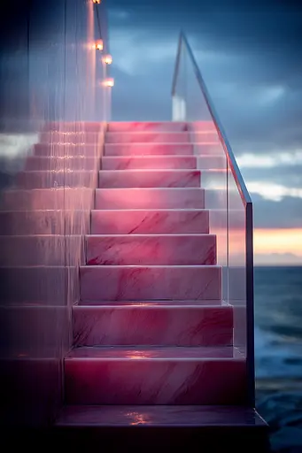 Midjourney generated image using SREF code Velvet Aura: A set of stairs leading up to the ocean at dusk.