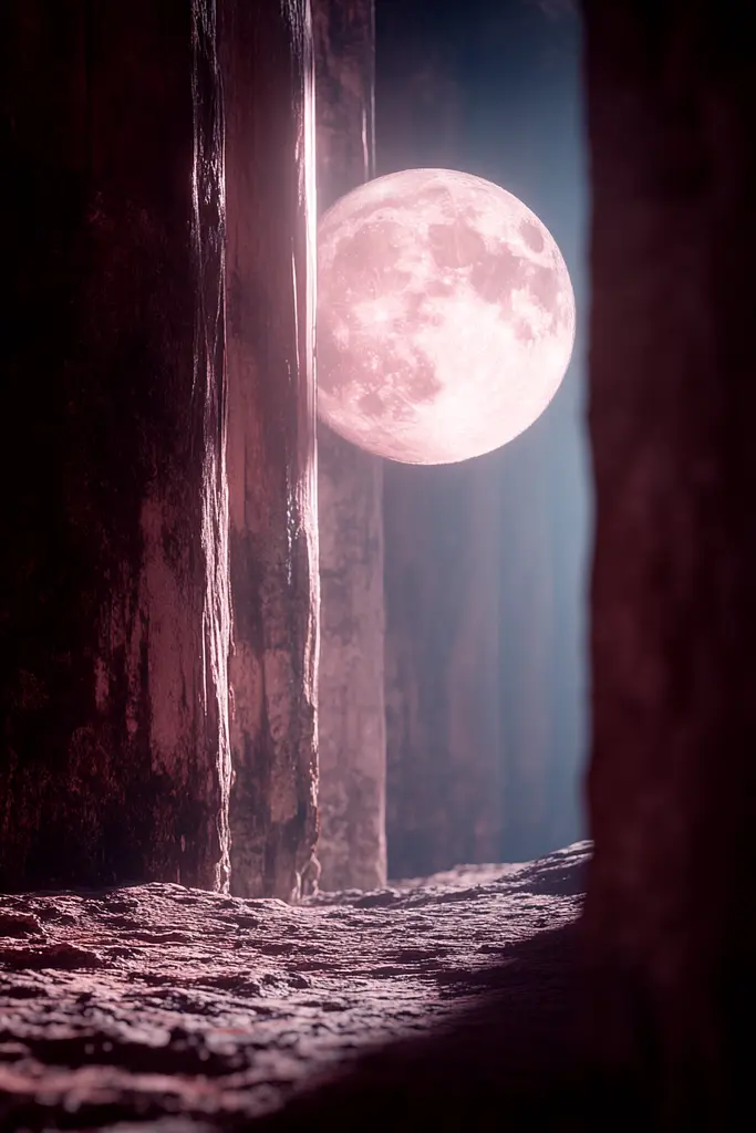 Midjourney generated image using SREF code Velvet Aura: A full moon is seen through a doorway in a cave.