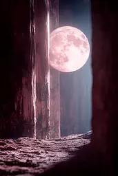 Midjourney generated image using SREF code Velvet Aura: A full moon is seen through a doorway in a cave.