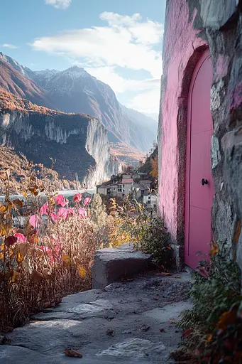 Midjourney generated image using SREF code Velvet Aura: A pink door in the middle of a stone wall.