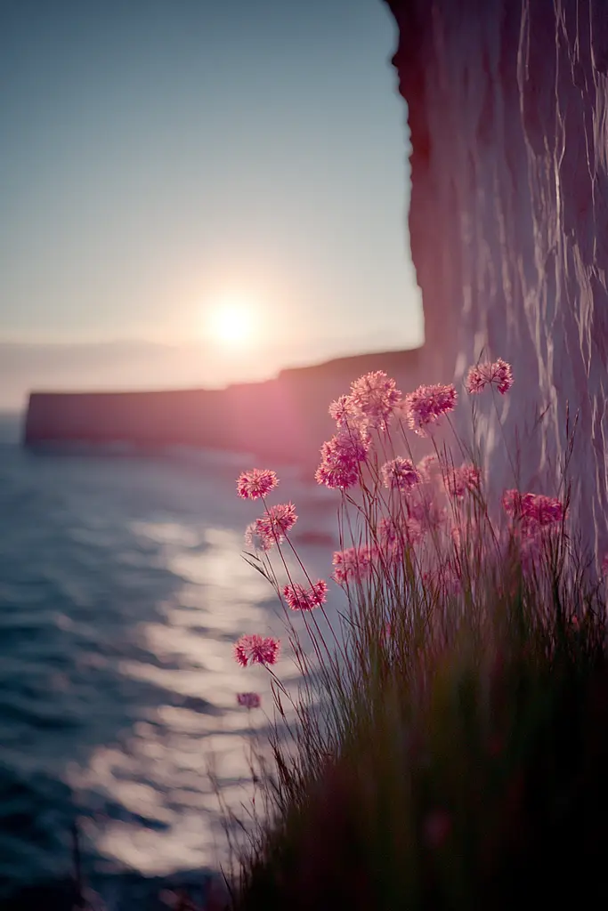 Midjourney generated image using SREF code Velvet Aura: A bunch of pink flowers sitting on top of a cliff.