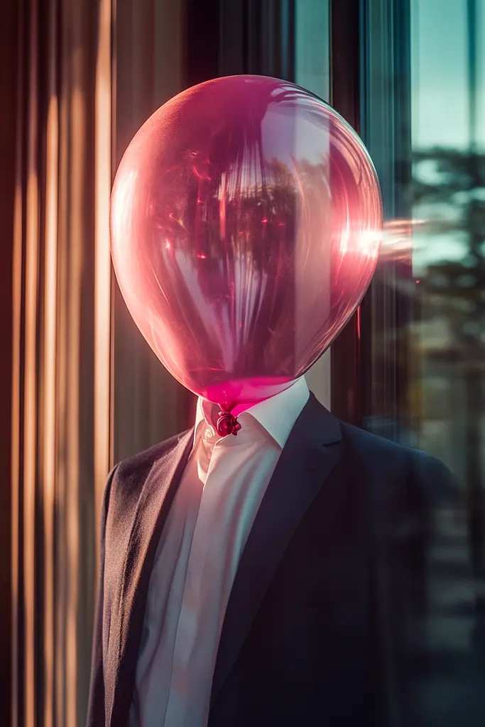 Midjourney generated image using SREF code Velvet Aura: A man in a suit with a pink balloon on his head.