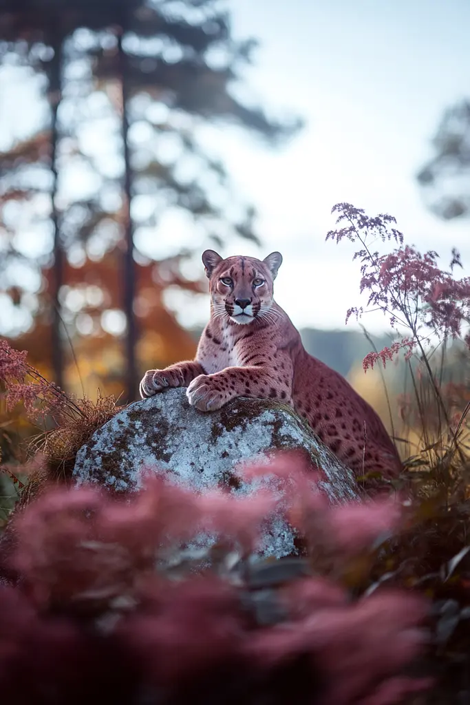 Midjourney generated image using SREF code Velvet Aura: A mountain lion sitting on a rock in the woods.