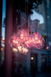 Midjourney generated image using SREF code Velvet Aura: A bunch of pink lights hanging from a chandelier.