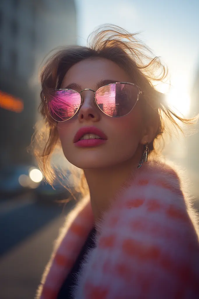 Midjourney generated image using SREF code Velvet Aura: A woman wearing pink sunglasses and a pink fur coat.