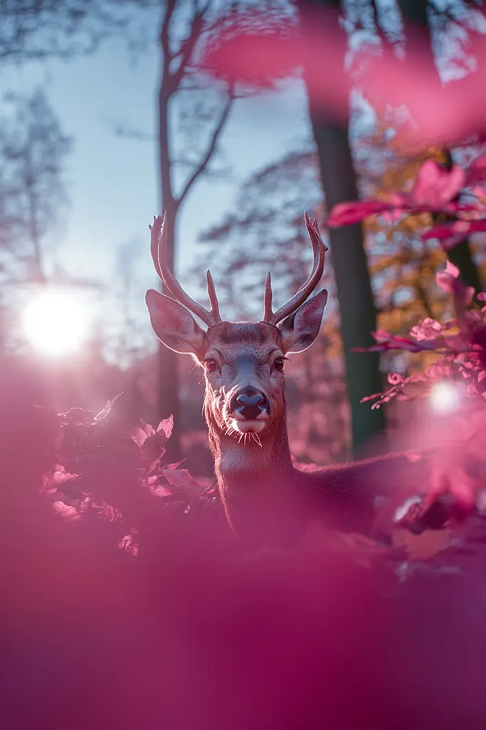 Midjourney generated image using SREF code Velvet Aura: A deer standing in the middle of a forest.