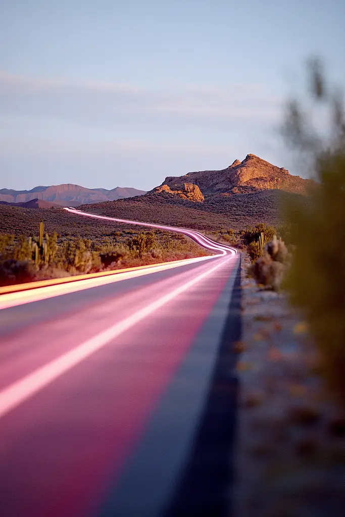 Midjourney generated image using SREF code Velvet Aura: A long exposure shot of a desert road with mountains in the background.