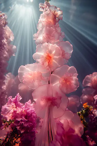 Midjourney generated image using SREF code Velvet Aura: A bunch of pink flowers that are in the water.