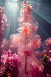 Midjourney generated image using SREF code Velvet Aura: A bunch of pink flowers that are in the water.