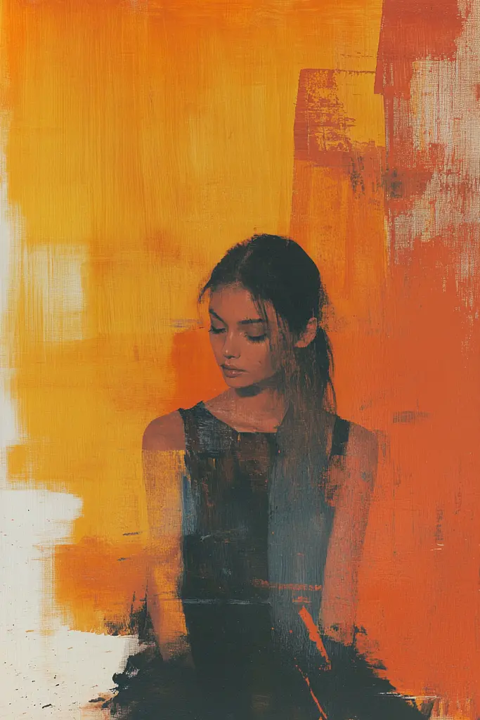 Midjourney generated image using SREF code Chromatic Phantoms: A painting of a woman sitting in front of an orange wall.