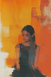 Midjourney generated image using SREF code Chromatic Phantoms: A painting of a woman sitting in front of an orange wall.