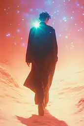 Midjourney generated image using SREF code Synthwave Surrealism: A man in a black coat walking through a desert.