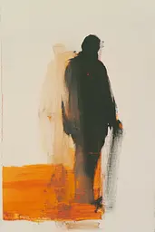 Midjourney generated image using SREF code Chromatic Phantoms: A painting of a man walking down a street.