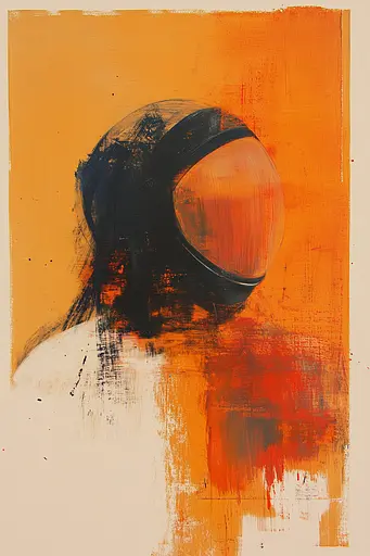 Midjourney generated image using SREF code Chromatic Phantoms: A painting of a man wearing a helmet on an orange background.