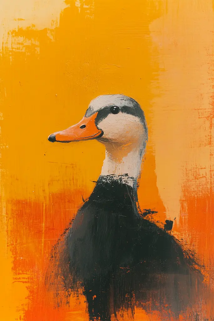 Midjourney generated image using SREF code Chromatic Phantoms: A painting of a duck on an orange background.