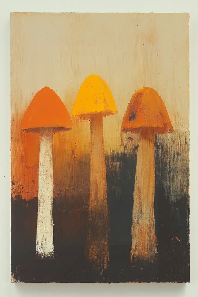 Midjourney generated image using SREF code Chromatic Phantoms: A painting of three orange mushrooms on a brown background.