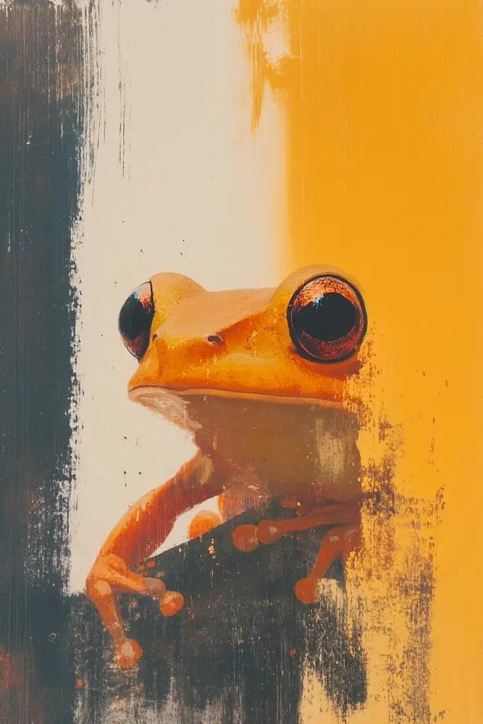 Midjourney generated image using SREF code Chromatic Phantoms: A painting of a frog sitting on top of a wall.