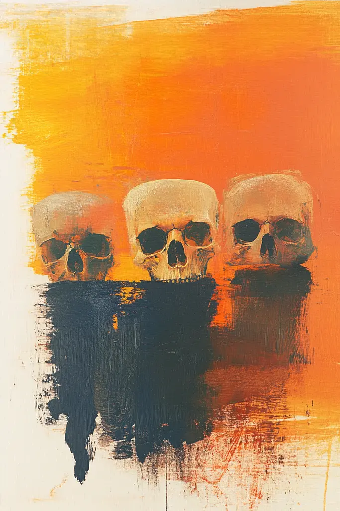 Midjourney generated image using SREF code Chromatic Phantoms: A painting of three skulls on an orange background.