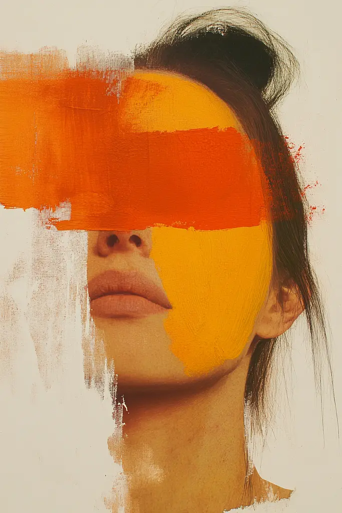 Midjourney generated image using SREF code Chromatic Phantoms: A woman's face with orange paint on her face.