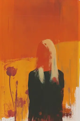 Midjourney generated image using SREF code Chromatic Phantoms: A painting of a woman standing in front of an orange background.