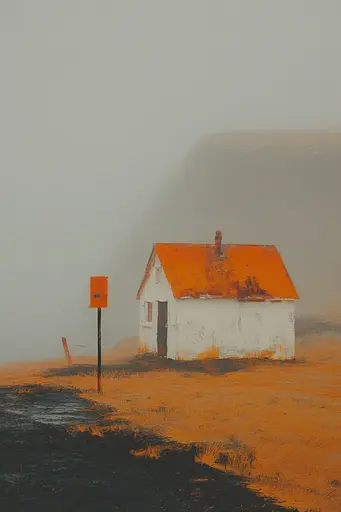 Midjourney generated image using SREF code Chromatic Phantoms: A small white house with an orange roof in the fog.