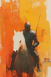 Midjourney generated image using SREF code Chromatic Phantoms: A painting of a knight riding a white horse.