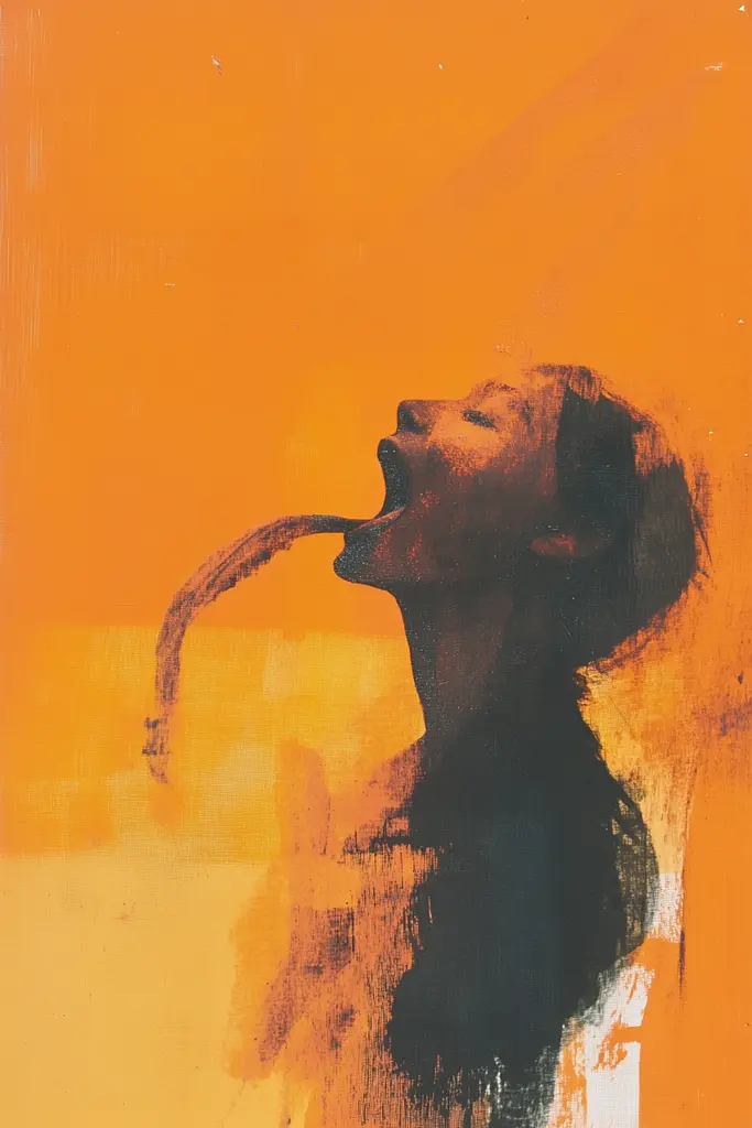 Midjourney generated image using SREF code Chromatic Phantoms: A painting of a woman with her mouth open and tongue out.