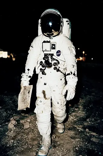 Midjourney generated image using SREF code Dark Reverence: A man in an astronaut suit walking on the moon.