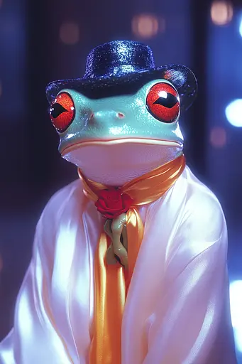 Midjourney generated image using SREF code Synthwave Surrealism: A frog wearing a top hat and a white robe.