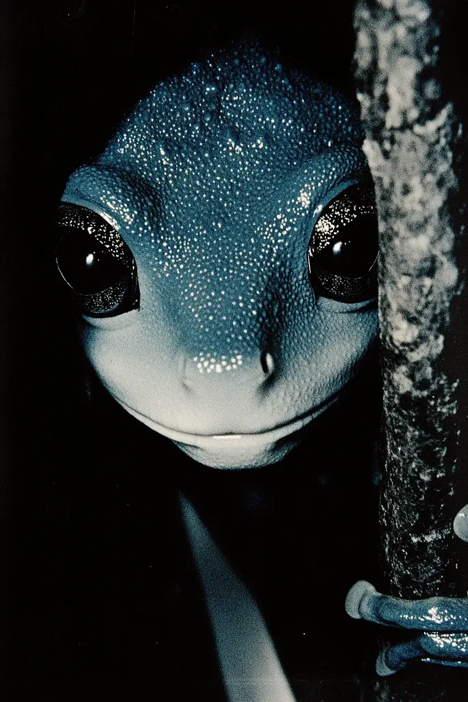 Midjourney generated image using SREF code Dark Reverence: A blue gecko peeking out from behind a tree.