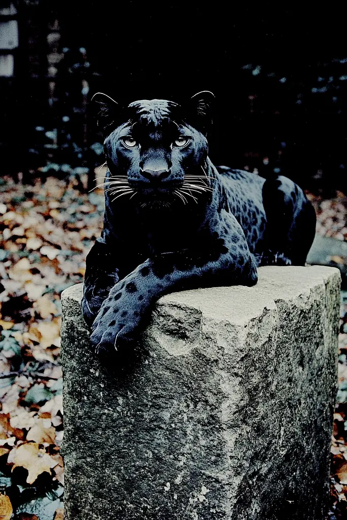 Midjourney generated image using SREF code Dark Reverence: A black panther laying on top of a stone block.