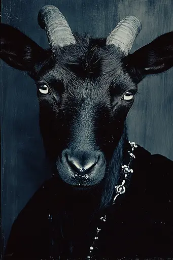 Midjourney generated image using SREF code Dark Reverence: A black and white photo of a goat wearing a necklace.