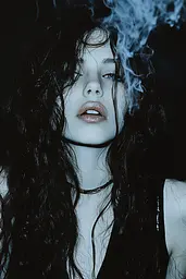 Midjourney generated image using SREF code Dark Reverence: A woman with long black hair and smoke coming out of her mouth.