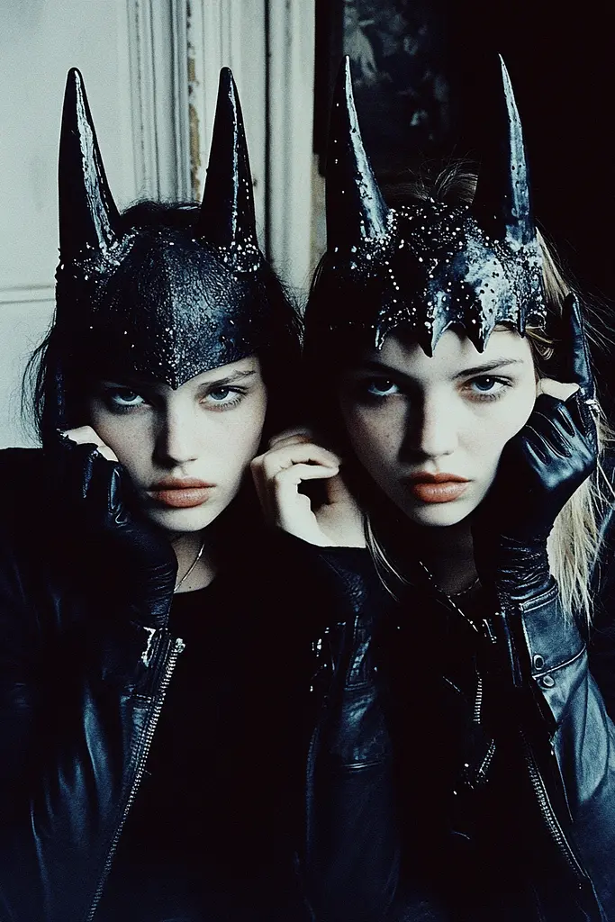 Midjourney generated image using SREF code Dark Reverence: Two young women wearing black leather jackets and horns.