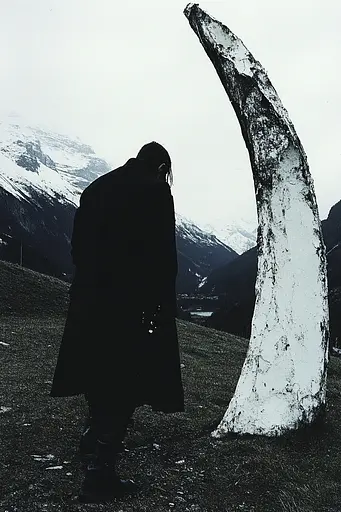 Midjourney generated image using SREF code Dark Reverence: A man standing next to a large whale tail in a field.