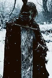 Midjourney generated image using SREF code Dark Reverence: A woman in a black cloak holding a sword in the snow.