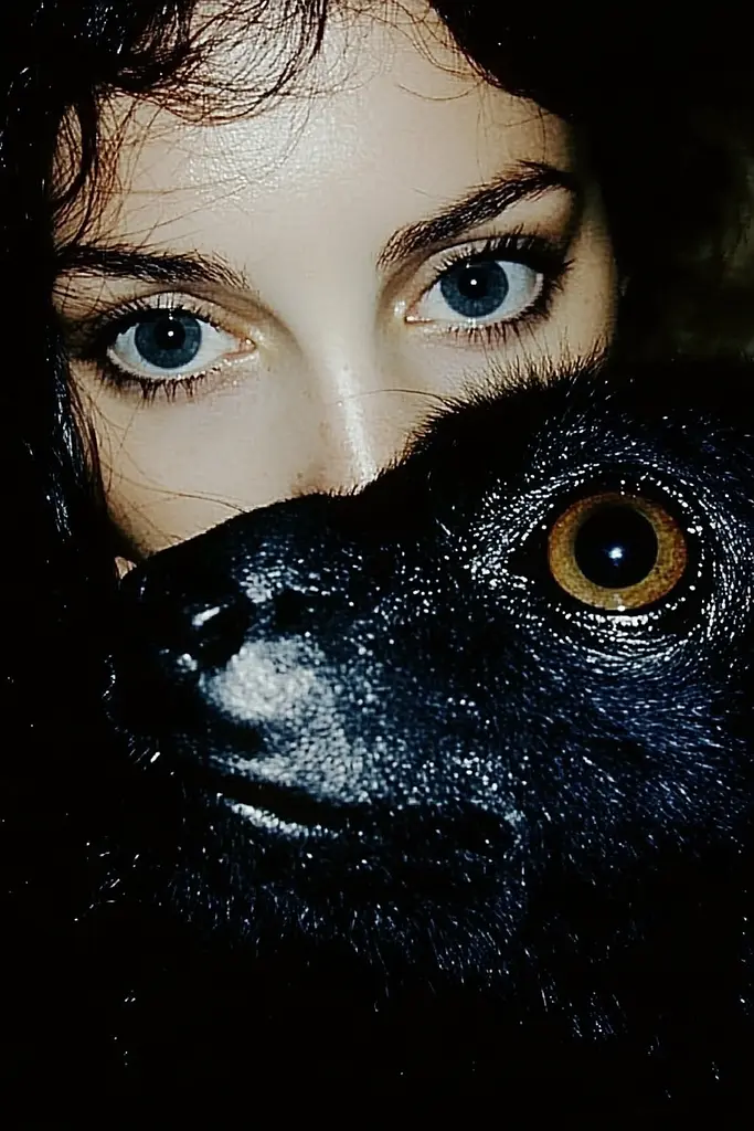 Midjourney generated image using SREF code Dark Reverence: A woman with blue eyes and a black cat.