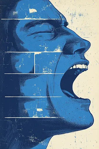 Midjourney generated image using SREF code Azure Reverberation: A blue and white illustration of a man's face with his mouth open.