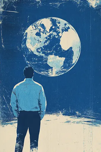 Midjourney generated image using SREF code Azure Reverberation: A man standing in front of a large blue and white globe.