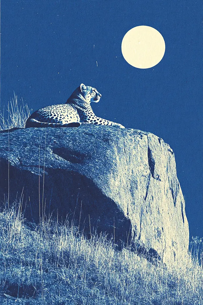 Midjourney generated image using SREF code Azure Reverberation: A cheetah sitting on top of a rock under a full moon.